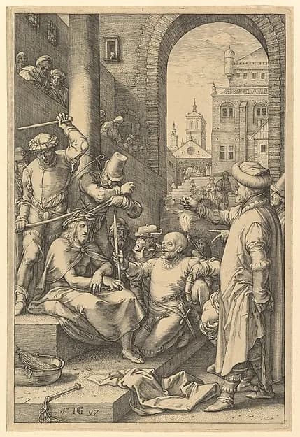 The Crowning with Thorns, from "The Passion of Christ" by Hendrick Goltzius depicting Matthew 27