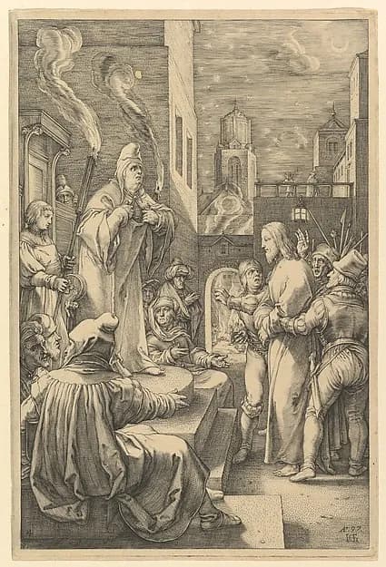 Christ Before Caiaphas, from "The Passion of Christ" by Hendrick Goltzius depicting Matthew 27