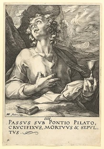 St. John, from "Christ, the Apostles and St. Paul with the Creed" by Hendrick Goltzius depicting Revelation 1