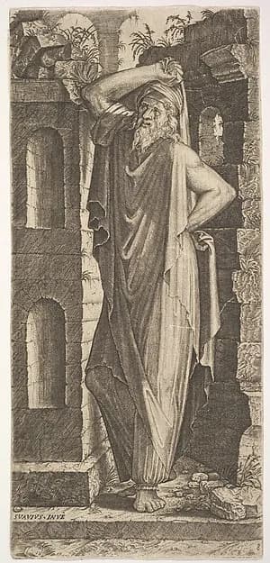 St. Philip(?), standing with his left hand on his hip and his right hand resting on his head, from "Christ and the Twelve Apostles" by Lambert Suavius depicting John 1