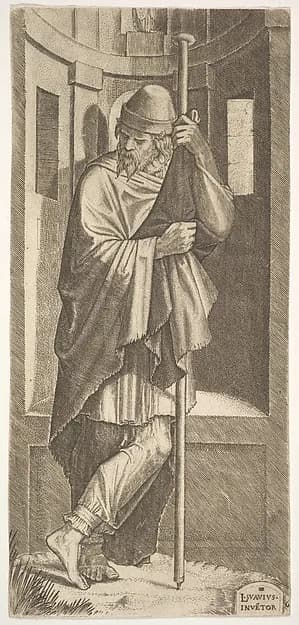St. James Major leaning on a pole before a niche, from "Christ and the Twelve Apostles" by Lambert Suavius depicting John 1