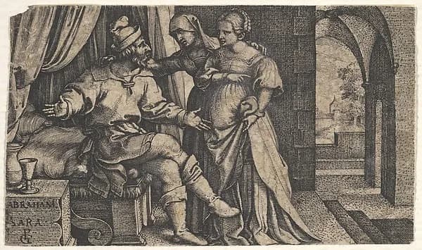 Sarah presenting Hagar to Abraham, who sits at the foot of a bed, from "The Story of Abraham" by Georg Pencz depicting Genesis 18
