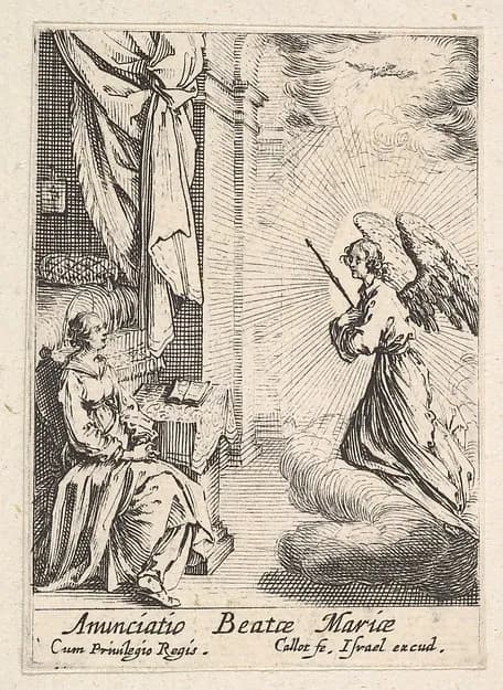 Annunciation, with angel approaching the seated Mary from the left, and the dove of the Holy Spirit above by Jacques Callot depicting Luke 1