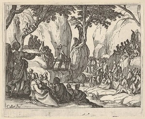 Saint John Preaching in the Desert (Saint Jean Préchant dans le Désert), with arm upraised, surrounded by male and female figures in a rocky setting by Jacques Callot depicting Matthew 3