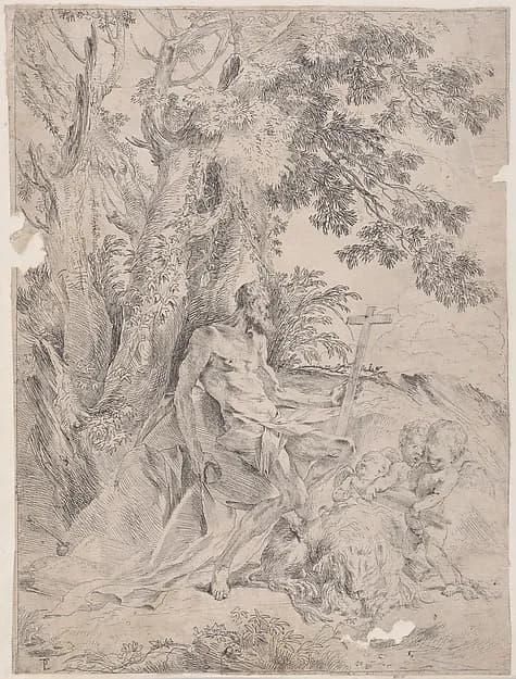 Saint Jerome before a crucifix accompanied by a lion and three putti by Pietro Testa depicting Romans 8