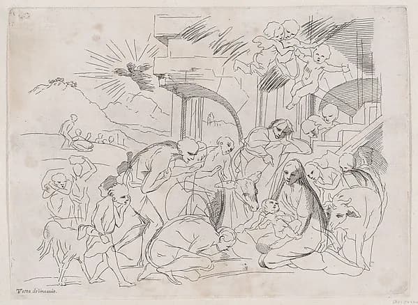 The adoration of the shepherds who gather at left, angels holding a banderole upper right by Anonymous, 18th century depicting Luke 2