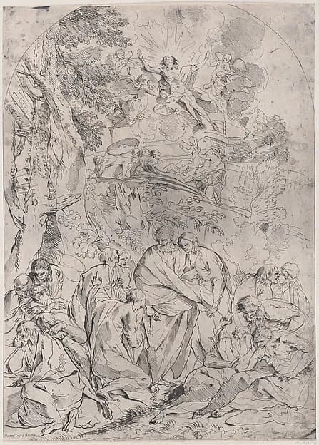 Saint Peter standing in the centre surrounded by Apostles distraught at the death of Christ who is shown ascending from the tomb in the upper section by François Collignon depicting Matthew 4
