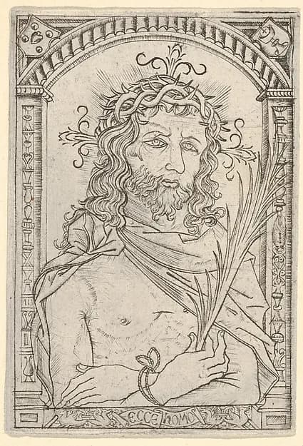 Christ as the man of sorrows set within an ornate frame by Nicoletto da Modena depicting John 1