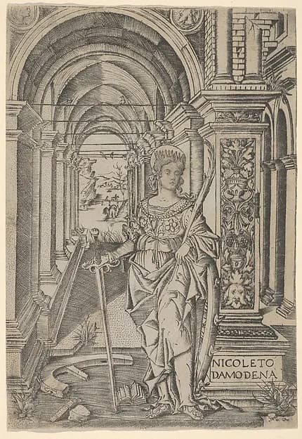 Saint Catherine, sword in her right hand, palm in her left by Nicoletto da Modena depicting Romans 8