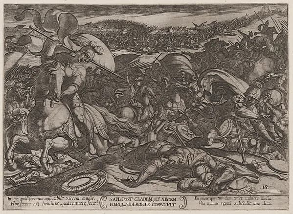 Plate 18: Saul's Suicide after His Defeat by the Philistines, from "The Battles of the Old Testament" by Antonio Tempesta depicting 1 Samuel 15