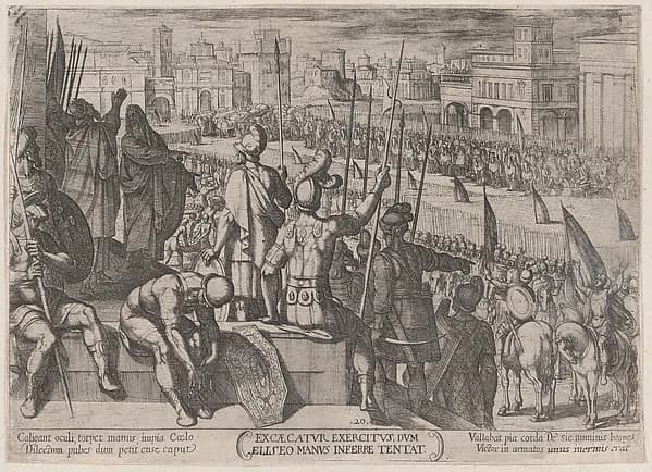 Plate 20: Elisha Bringing the Blinded Syrian Army to the King of Israel, from "The Battles of the Old Testament" by Antonio Tempesta depicting 2 Kings 2
