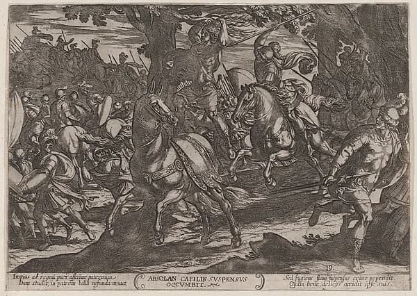 Plate 19: Jacob Killing Absalom, from "The Battles of the Old Testament" by Antonio Tempesta depicting 2 Samuel 18