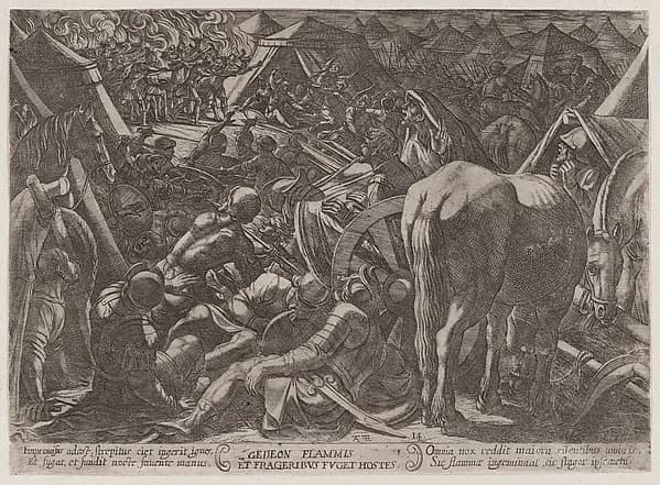 Plate 14: Gideon Terrorizing the Enemy Camp, from "The Battles of the Old Testament" by Antonio Tempesta depicting Judges 7