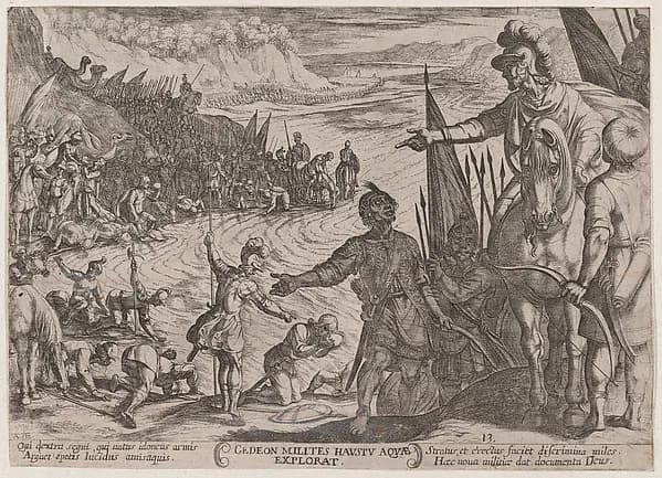 Plate 13: Gideon Choosing his Soldiers, from "The Battles of the Old Testament" by Antonio Tempesta depicting Judges 7