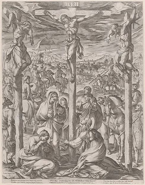 Christ crucified between the two thieves, the three maries at the foot of the cross by Antonio Tempesta depicting Matthew 27