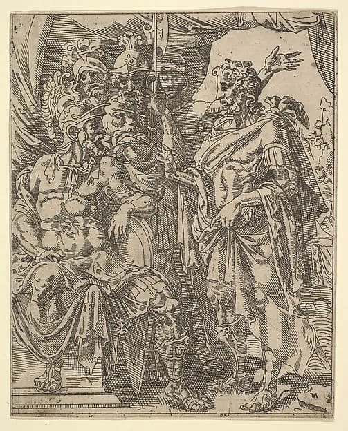 Achior Pleading with Holofernes for the Israelites, from "The Story of Judith and Holofernes" by Maarten van Heemskerck depicting Judith 13