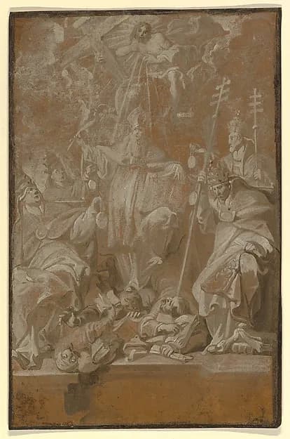 Saint Lambert Trampling his Murderers, Surrounded by the Four Church Fathers by Antoine Sallaert depicting John 1