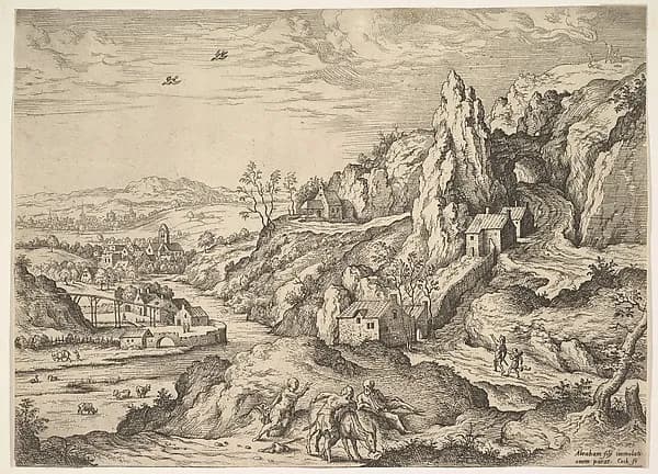 Abraham and Isaac on the way to Sacrifice by Hieronymus Cock depicting Genesis 18