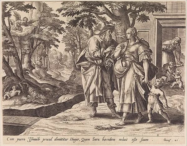 The Banishment of Hagar and Ishmael, from "The Story of Abraham" by Adriaen Collaert depicting Genesis 18
