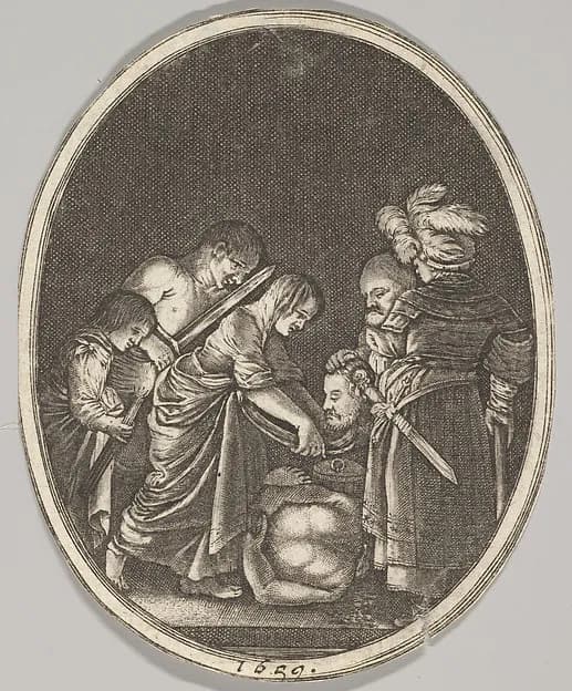 Salome receiving the head of John the Baptist, surrounded by three men and a child bearing a torch, the Baptist's body lies on the ground by Hendrick Goudt depicting Matthew 3