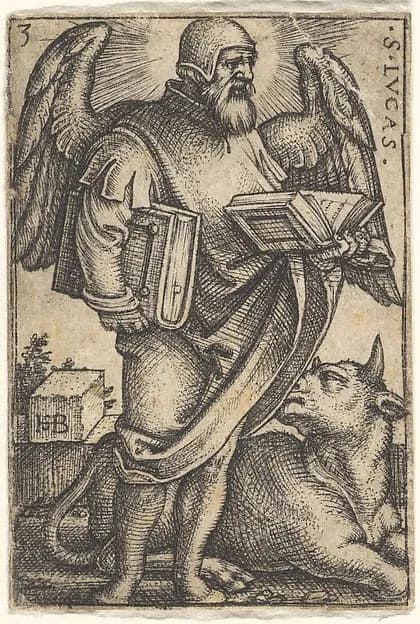 Saint Luke with his head turned in profile to the right, a book in each hand, a bull at his feet, plate 3 from "The Four Evangelists" by Sebald Beham depicting Luke 1