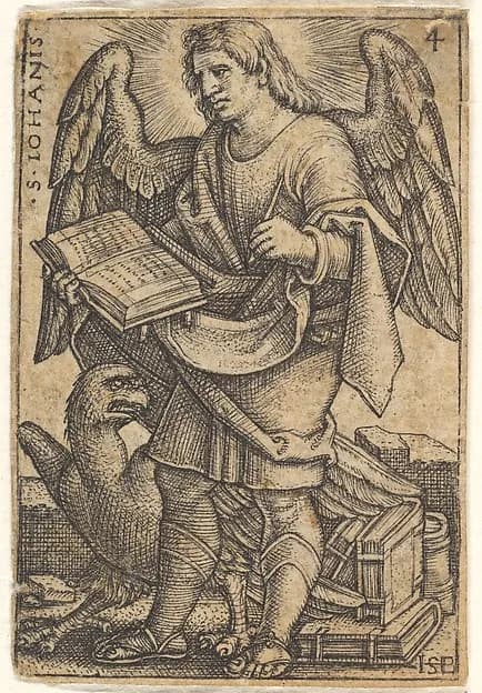 Saint John with his head turned three-quarters to the left, with a book in his right hand and an eagle at his fee, plate 4 from "The Four Evangelists" by Sebald Beham depicting Revelation 1