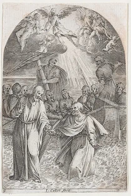 Christ Walking on Water, Holding the Hand of St. Peter (Second Composition), plate 9 from "Les Tableaux de Rome, Les Eglises Jubilaires" (The Paintings of Rome, The Churches Jubilee) by Jacques Callot depicting Matthew 14