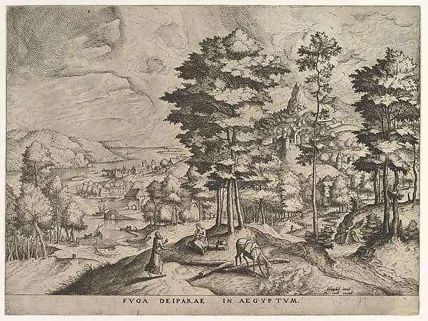 Flight into Egypt (Fuga deiparae in Aegyptum), from "The Large Landscapes" by Johannes van Doetecum I depicting Matthew 2