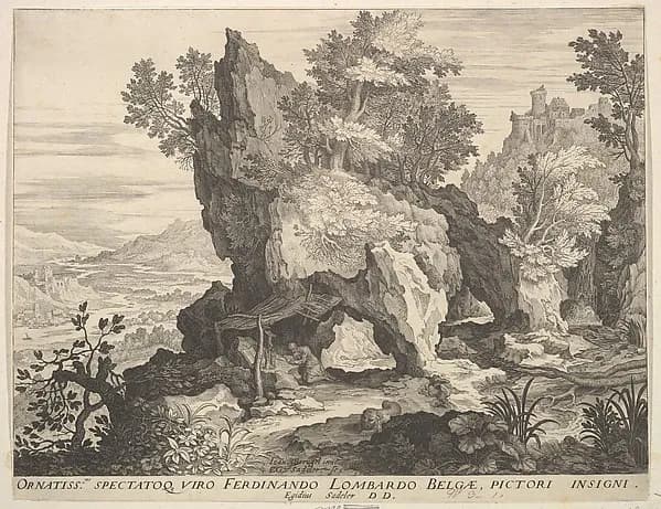 Rocky Landscape with St. Jerome by Aegidius Sadeler II depicting Romans 8