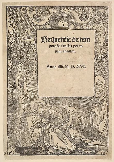 Saint John the Evangelist on Patmos, title page from Hymni de tempore et de sanctis by Hans Baldung Grien depicting Revelation 1