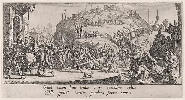 Le Portement de Croix (Christ Carrying the Cross), from "La Grande Passion" (The Large Passion) by Jacques Callot depicting Luke 23