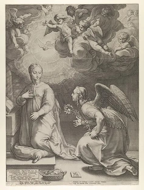 Annunciation, from "The Birth and Early Life of Christ" by Hendrick Goltzius depicting Luke 1