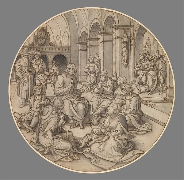 Christ Preaching in the Synagogue, with the Pharisees Bringing the Woman Taken in Adultery by Dirck Vellert depicting John 1
