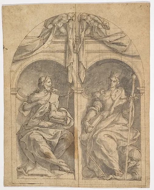 Two Wings of an Altarpiece depicting Saints John the Baptist and Catherine in Niches Surmounted by Angels by Jan van Scorel depicting Matthew 3
