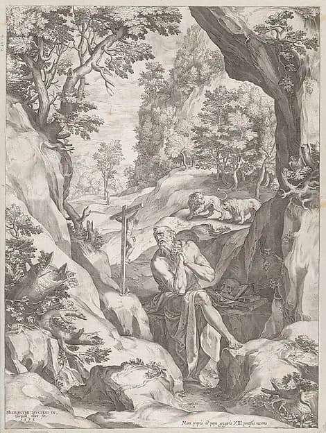 St Jerome Penitent in the Wilderness by Cornelis Cort depicting Romans 8