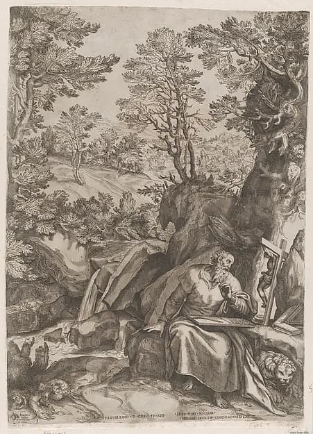 St Jerome Translating the Bible in the Wilderness by Cornelis Cort depicting Romans 8