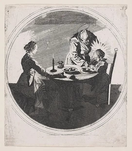 Copy of Le Benedicite, estampe appelée aussi La Sainte Famille a Table et St. Joseph Faisant Boire L'Enfant Jésus (The Grace, also called The Holy Family at the Table and St. Joseph Giving the Christ Child a Drink) by Anonymous depicting Luke 2