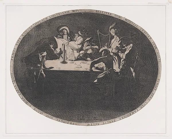 Le Brelan, pièce appelée aussi Les Joueurs de Cartes et L'Enfant Produgue Trompé par une Troupe de Filous (Three of a Kind, also called The Card Players and The Prodigal Son Tricked by a Group of Thieves) by Jacques Callot depicting Luke 15