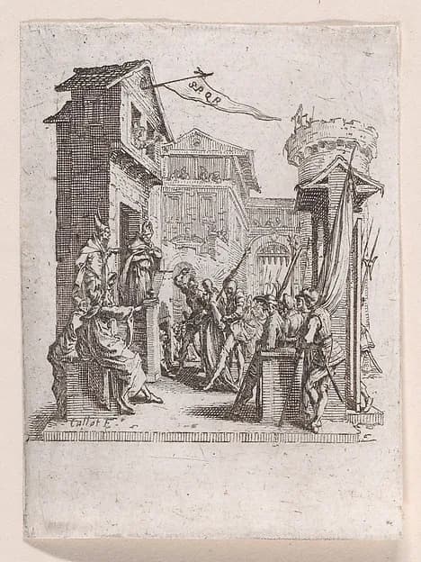 Jésus Comparait Devant Caiphe (Jesus Appears Before Caiaphas), from "La Petite Passion" (The Little Passion) by Jacques Callot depicting John 1