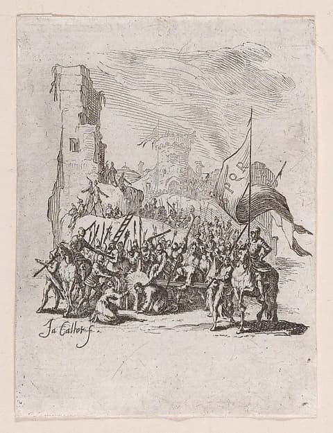 Le Portement de Croix (Jesus Carrying the Cross), from "La Petite Passion" (The Little Passion) by Jacques Callot depicting Mark 15