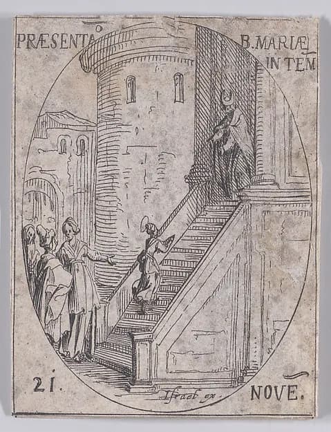 Preséntation de la Vierge Marie dans le Temple (Presentation of the Virgin Mary in the Temple), November 21st, from "Les Images De Tous Les Saincts et Saintes de L'Année" (Images of All of the Saints and Religious Events of the Year) by Jacques Callot depicting Luke 1