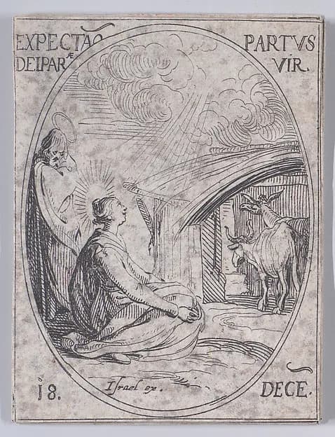 L'Attente de l'Enfantement de la Vierge (Expectation of the Virgin Mary), December 18th, from "Les Images De Tous Les Saincts et Saintes de L'Année" (Images of All of the Saints and Religious Events of the Year) by Jacques Callot depicting Luke 1