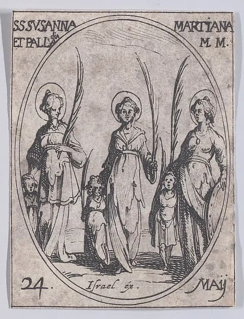 Ste. Suzanne, Ste. Marienne et Ste. Palladie (St. Susanna, St. Mariana, and St. Palladia), May 24th, from "Les Images De Tous Les Saincts et Saintes de L'Année" (Images of All of the Saints and Religious Events of the Year) by Jacques Callot depicting Daniel 13