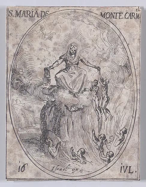 Ste. Marie du Mont Carmel (Feast of Virgin Mary of Mount Carmel), July 16th, from "Les Images De Tous Les Saincts et Saintes de L'Année" (Images of All of the Saints and Religious Events of the Year) by Jacques Callot depicting Luke 1