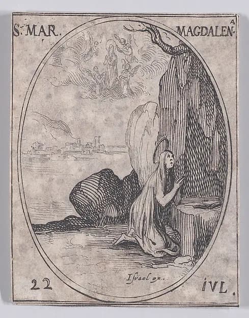 Ste. Marie-Madeleine (St. Mary Magdalen), July 22nd, from "Les Images De Tous Les Saincts et Saintes de L'Année" (Images of All of the Saints and Religious Events of the Year) by Jacques Callot depicting Luke 7