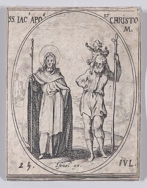S. Jacques, apôtre et S. Christope (St. James, Apostle and St. Christopher), July 25th, from "Les Images De Tous Les Saincts et Saintes de L'Année" (Images of All of the Saints and Religious Events of the Year) by Jacques Callot depicting Matthew 10