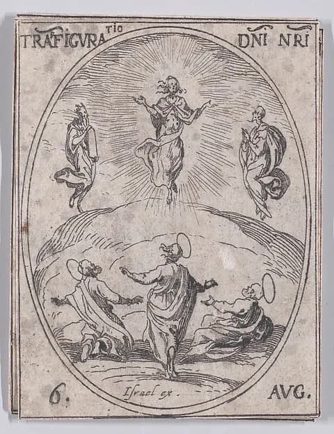 La Transfiguration de Notre-Seigneur (The Transfiguration of Christ), August 6th, from "Les Images De Tous Les Saincts et Saintes de L'Année" (Images of All of the Saints and Religious Events of the Year) by Jacques Callot depicting Matthew 17