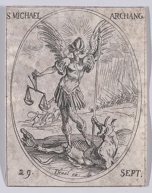 S. Michel, archange (St. Michael, Archangel), September 29th, from "Les Images De Tous Les Saincts et Saintes de L'Année" (Images of All of the Saints and Religious Events of the Year) by Jacques Callot depicting Revelation 12