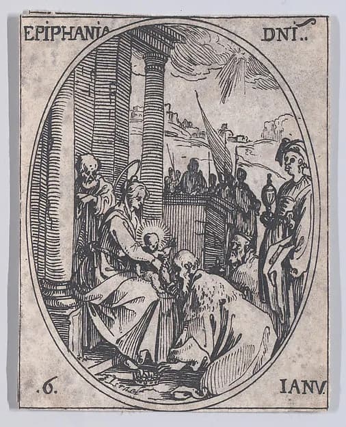 La Fête de l'Epiphanie (The Epiphany), January 6th, from "Les Images De Tous Les Saincts et Saintes de L'Année" (Images of All of the Saints and Feast Days of the Year) by Jacques Callot depicting Luke 1