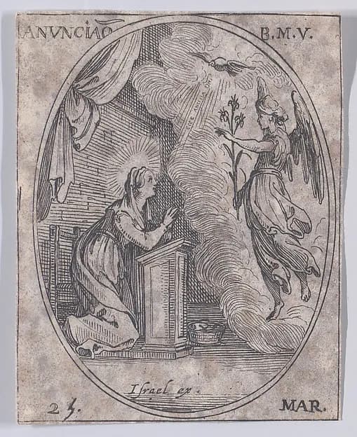 L'Annonciation de la Ste. Vierge (The Annunciation of the Virgin), March 25th, from "Les Images De Tous Les Saincts et Saintes de L'Année" (Images of All of the Saints and Religious Events of the Year) by Jacques Callot depicting Luke 1